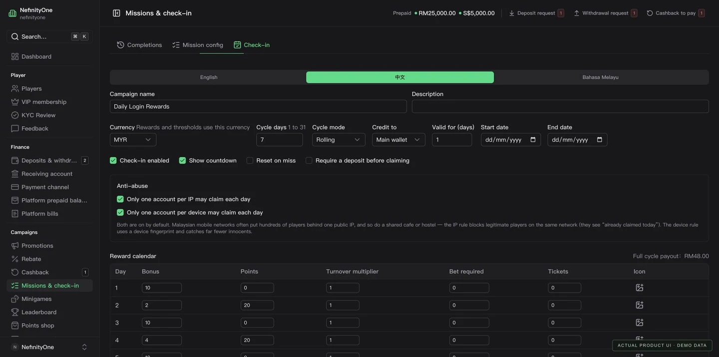 Missions & check-in in the actual NefinityOne merchant console, with demo content.