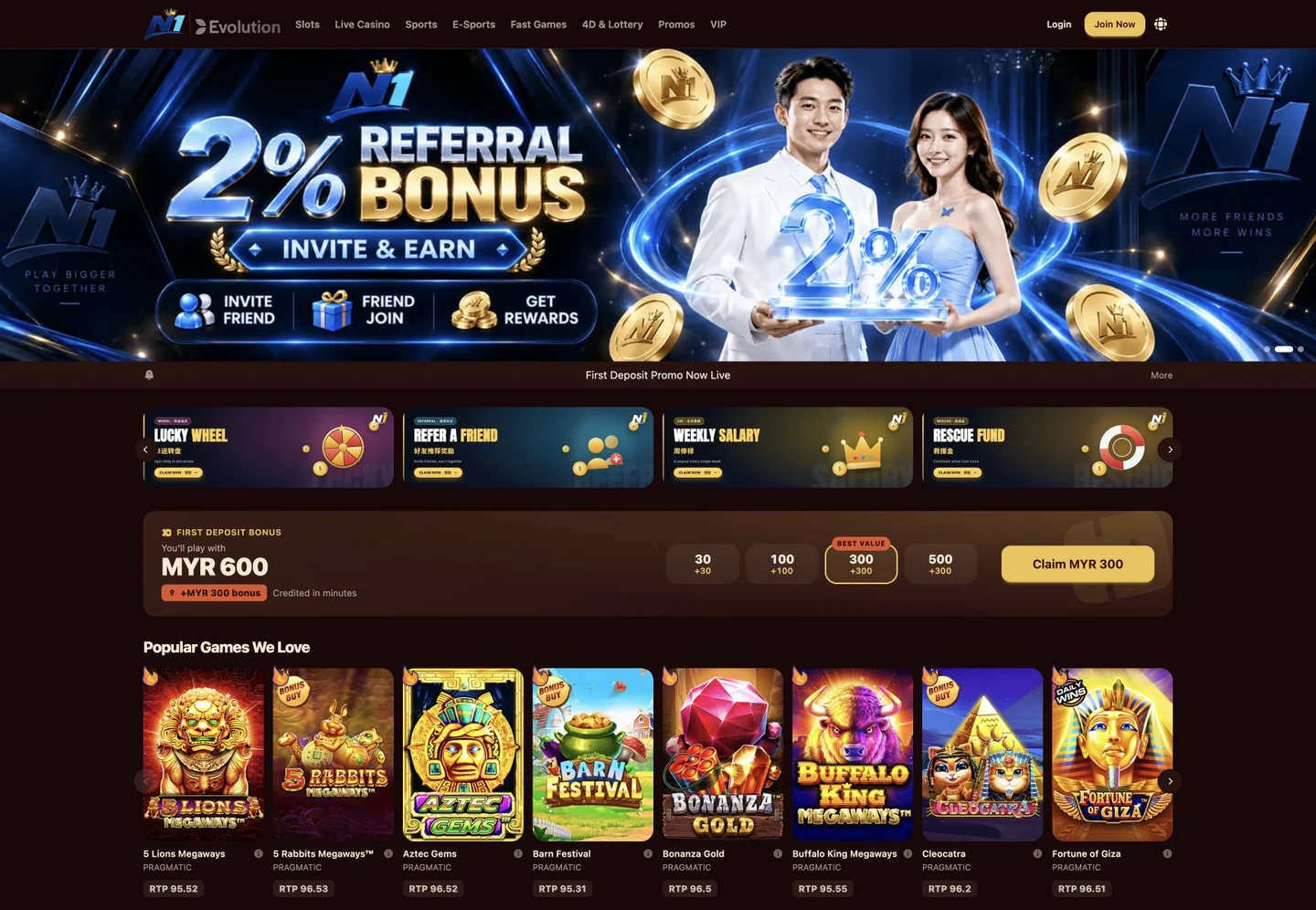 Actual NefinityOne player lobby in the Crimson theme, with promotions, bonus panel and game cards.